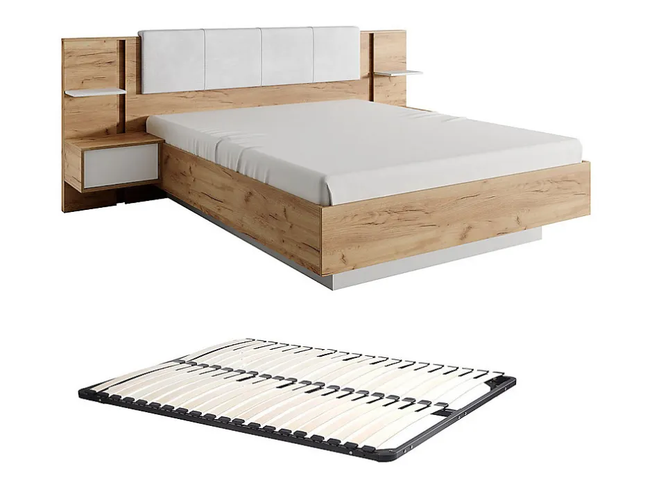 Vente-unique Lit avec chevets 160 x 200 cm - Avec LEDs - Coloris : Naturel et blanc + Sommier - ELYNIA