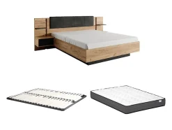 Vente-unique Lit avec chevets 160 x 200 cm - Avec LEDs - Coloris : Naturel et anthracite + Sommier + Matelas - ELYNIA