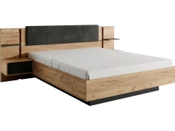 Vente-unique Lit avec chevets 160 x 200 cm - Avec LEDs - Coloris : Naturel et anthracite + Sommier + Matelas - ELYNIA