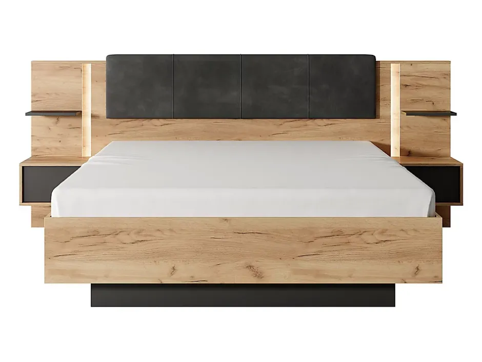 Vente-unique Lit avec chevets 140 x 190 cm - Avec LEDs - Coloris : Naturel et anthracite + Sommier - ELYNIA Clearance