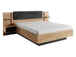Vente-unique Lit avec chevets 140 x 190 cm - Avec LEDs - Coloris : Naturel et anthracite + Sommier - ELYNIA Clearance
