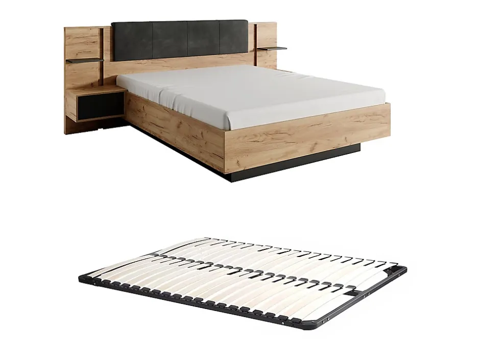 Vente-unique Lit avec chevets 140 x 190 cm - Avec LEDs - Coloris : Naturel et anthracite + Sommier - ELYNIA Clearance