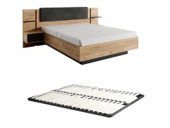 Vente-unique Lit avec chevets 140 x 190 cm - Avec LEDs - Coloris : Naturel et anthracite + Sommier - ELYNIA Clearance