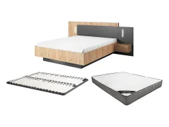 Vente-unique Lit avec chevets 160 x 200 cm - 2 tiroirs - Avec LEDs - Coloris : Naturel et anthracite + Sommier + Matelas - FRANCOLI