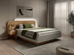 Vente-unique Lit avec chevets 160 x 200 cm - Avec LEDs - Coloris : Naturel et blanc + Sommier + Matelas - DESADO Sale