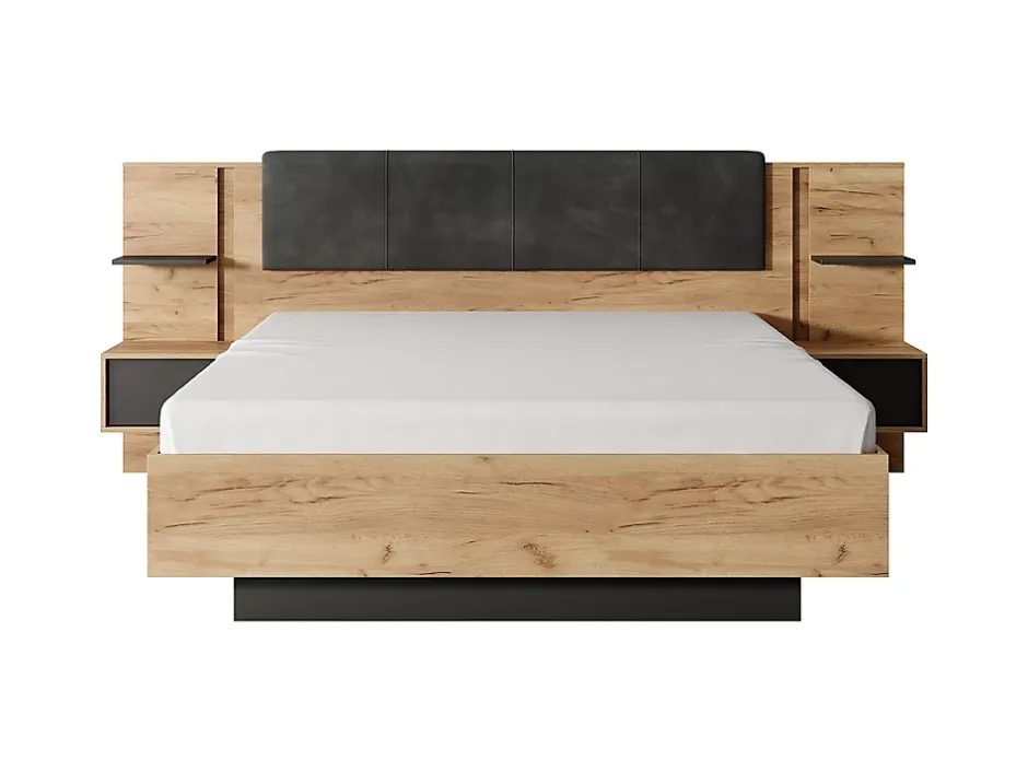 Vente-unique Lit avec chevets 160 x 200 cm - Avec LEDs - Coloris : Naturel et anthracite + Sommier + Matelas - ELYNIA Sale