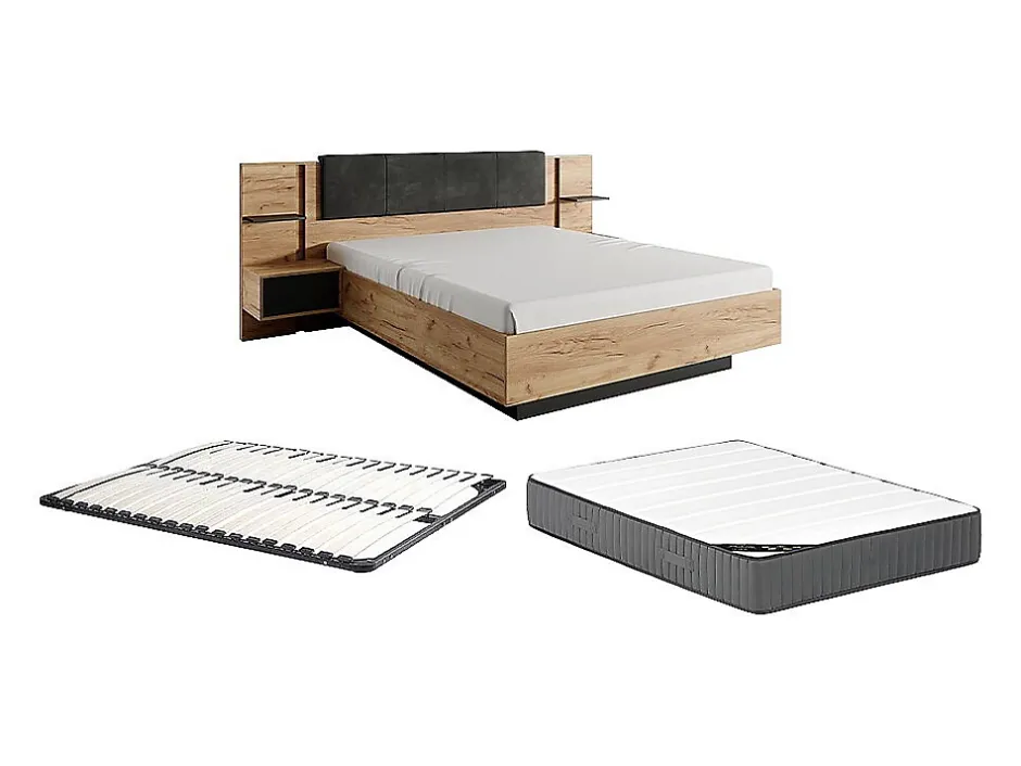 Vente-unique Lit avec chevets 160 x 200 cm - Avec LEDs - Coloris : Naturel et anthracite + Sommier + Matelas - ELYNIA Sale