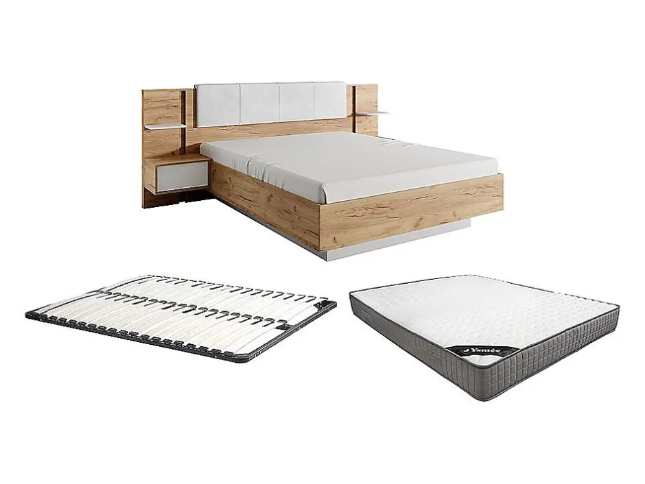 Vente-unique Lit avec chevets 160 x 200 cm - Avec LEDs - Coloris : Naturel et blanc + Sommier + Matelas - ELYNIA Hot