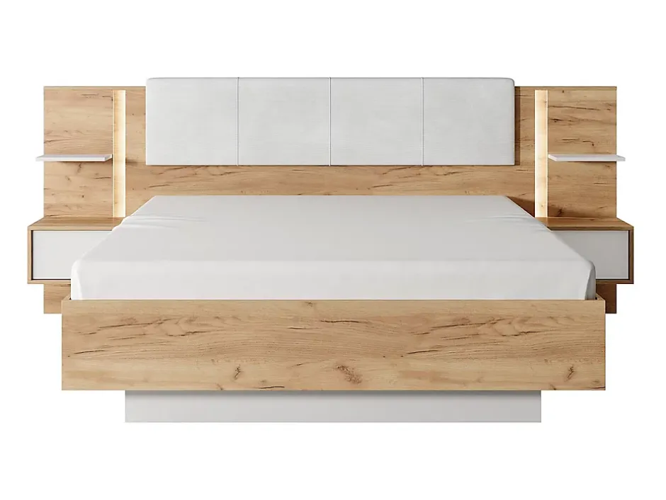 Vente-unique Lit avec chevets 160 x 200 cm - Avec LEDs - Coloris : Naturel et blanc + Sommier + Matelas - ELYNIA Hot