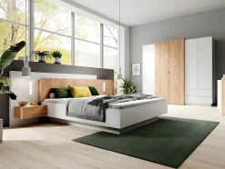 Vente-unique Lit avec chevets 160 x 200 cm - 2 tiroirs - Avec LEDs - Coloris : Blanc et naturel - FRANCOLI Clearance
