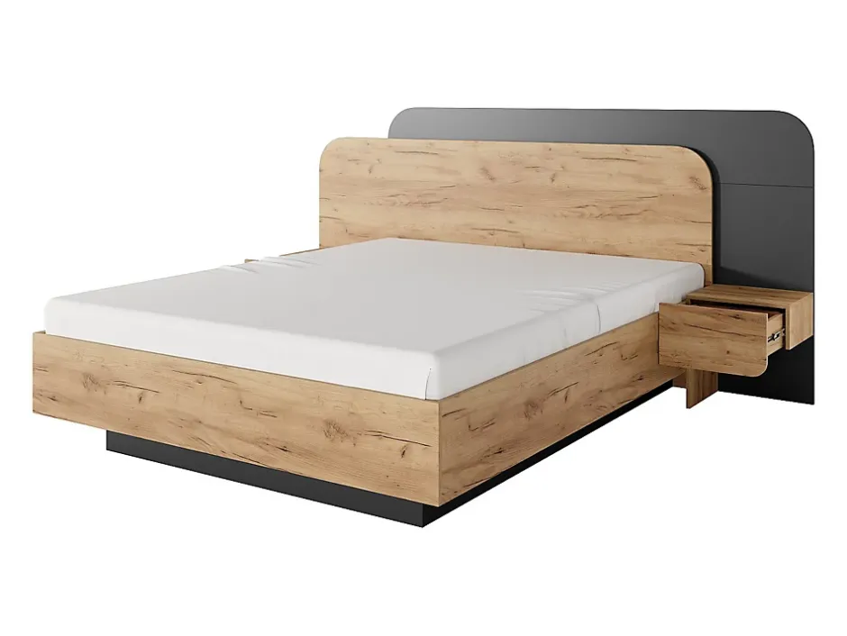 Vente-unique Lit avec chevets 160 x 200 cm - Avec LEDs - Coloris : Naturel et anthracite + Sommier + Matelas - DESADO