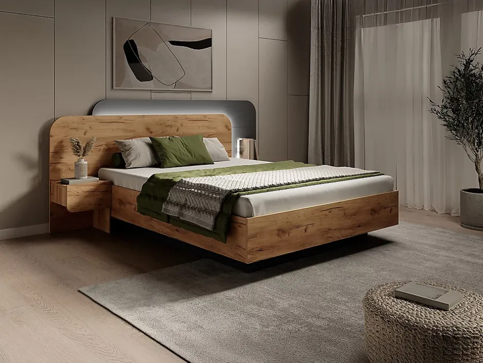 Vente-unique Lit avec chevets 160 x 200 cm - Avec LEDs - Coloris : Naturel et anthracite + Sommier + Matelas - DESADO