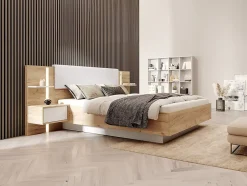 Vente-unique Lit avec chevets 160 x 200 cm - Avec LEDs - Coloris : Naturel et blanc + Sommier + Matelas - ELYNIA Outlet
