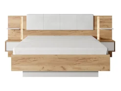 Vente-unique Lit avec chevets 160 x 200 cm - Avec LEDs - Coloris : Naturel et blanc + Sommier + Matelas - ELYNIA Outlet