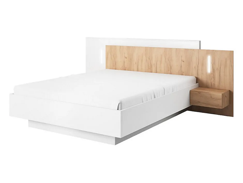 Vente-unique Lit avec chevets 160 x 200 cm - 2 tiroirs - Avec LEDs - Blanc et naturel + Sommier + Matelas - FRANCOLI