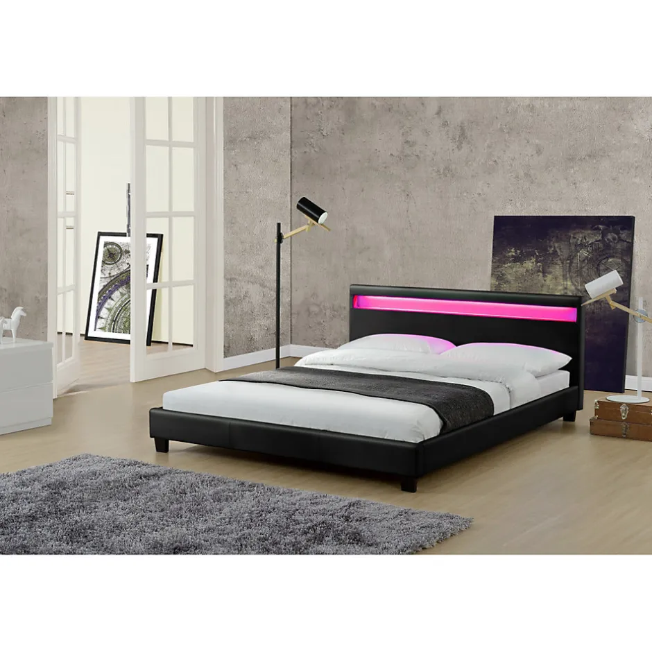 Concept Usine Lit avec LED 160 x 200 cm en PU noir - PICADILLY