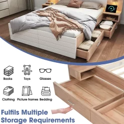 Okwish Lit avec rangement 180 x 200 cm - Lit Double avec Lampes et USB - Bois MDF - Sans Matelas - Blanc Chêne Best