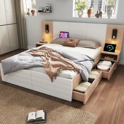 Okwish Lit avec rangement 180 x 200 cm - Lit Double avec Lampes et USB - Bois MDF - Sans Matelas - Blanc Chêne Best