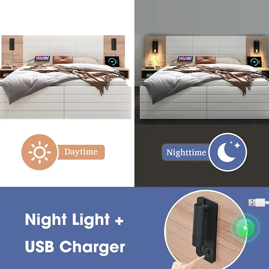 Okwish Lit avec rangement 180 x 200 cm - Lit Double avec Lampes et USB - Bois MDF - Sans Matelas - Blanc Chêne Best
