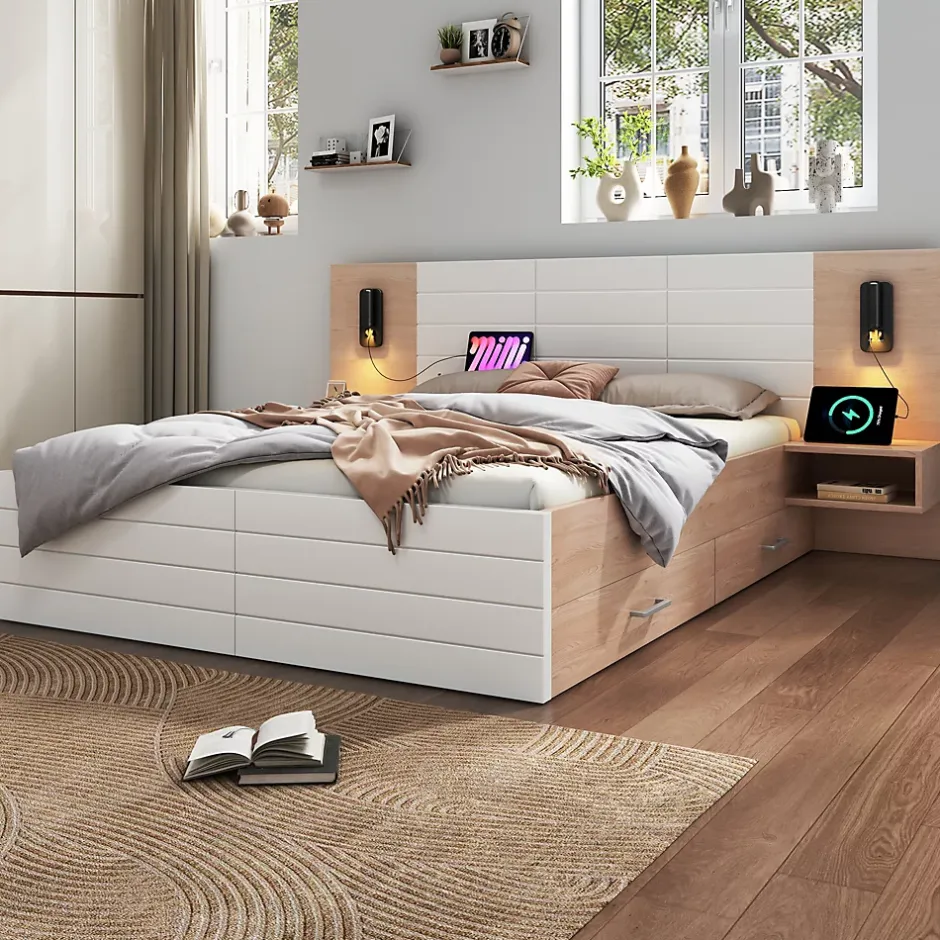 Okwish Lit avec rangement 180 x 200 cm - Lit Double avec Lampes et USB - Bois MDF - Sans Matelas - Blanc Chêne Best