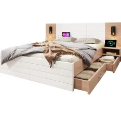 Okwish Lit avec rangement 180 x 200 cm - Lit Double avec Lampes et USB - Bois MDF - Sans Matelas - Blanc Chêne Best