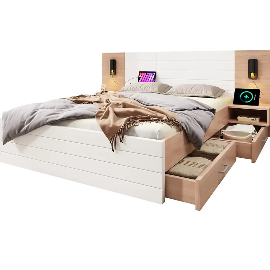 Okwish Lit avec rangement 180 x 200 cm - Lit Double avec Lampes et USB - Bois MDF - Sans Matelas - Blanc Chêne Best