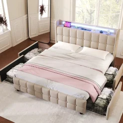 Okwish Lit avec rangement 180 x 200 cm - Lit Double avec Ports USB et LED - Lin Bois Métal - Sans Matelas - Beige