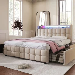 Okwish Lit avec rangement 180 x 200 cm - Lit Double avec Ports USB et LED - Lin Bois Métal - Sans Matelas - Beige