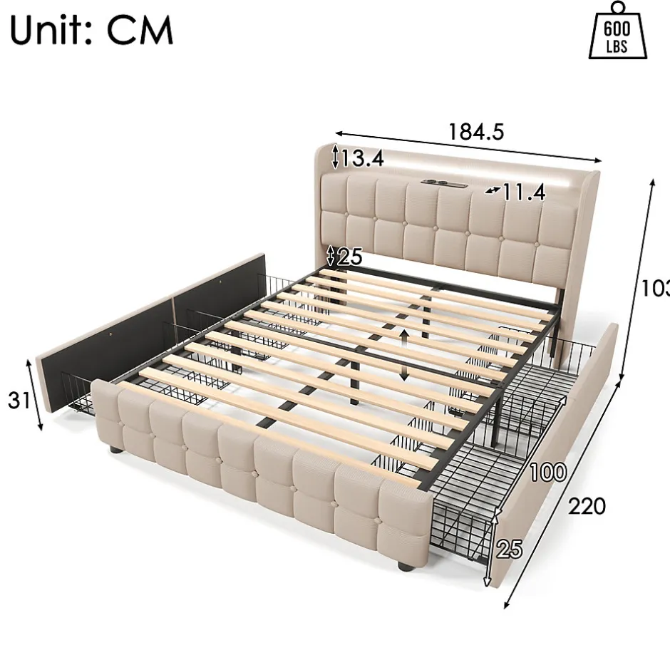 Okwish Lit avec rangement 180 x 200 cm - Lit Double avec Ports USB et LED - Lin Bois Métal - Sans Matelas - Beige