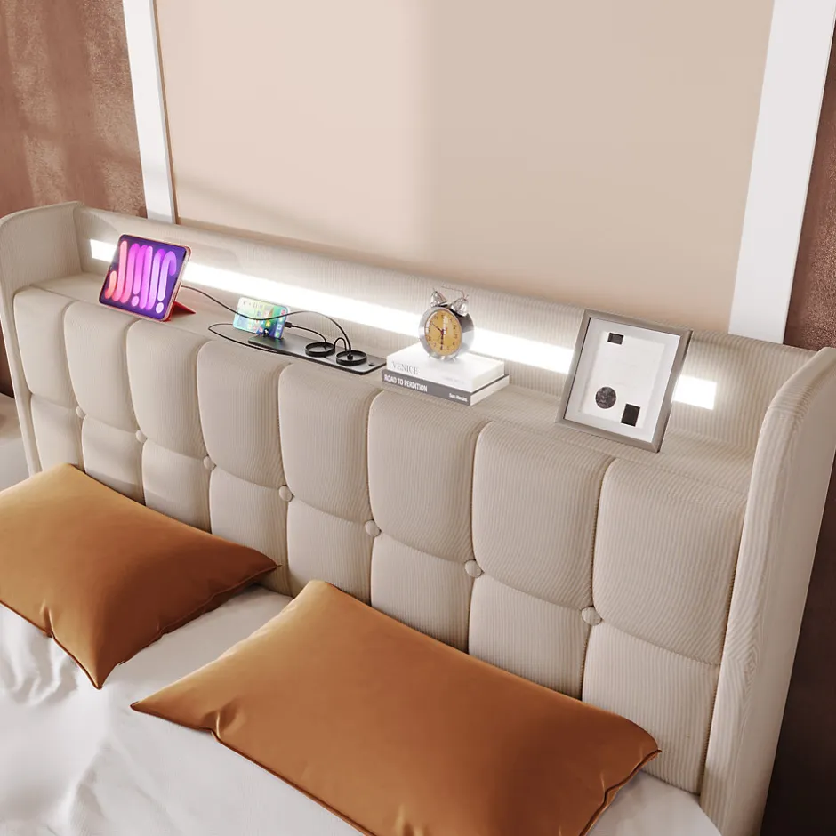 Okwish Lit avec rangement 180 x 200 cm - Lit Double avec Ports USB et LED - Lin Bois Métal - Sans Matelas - Beige