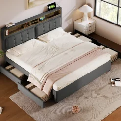 Generique Lit avec rangement 160 x 200 cm - Lit avec 4 tiroirs et tête de lit avec prise USB-C - Lin + Bois massif - Sans Matelas - Gris