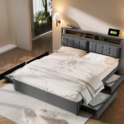 Generique Lit avec rangement 160 x 200 cm - Lit avec 4 tiroirs et tête de lit avec prise USB-C - Lin + Bois massif - Sans Matelas - Gris