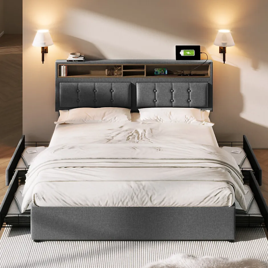 Generique Lit avec rangement 160 x 200 cm - Lit avec 4 tiroirs et tête de lit avec prise USB-C - Lin + Bois massif - Sans Matelas - Gris