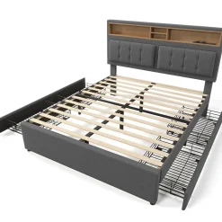 Generique Lit avec rangement 160 x 200 cm - Lit avec 4 tiroirs et tête de lit avec prise USB-C - Lin + Bois massif - Sans Matelas - Gris