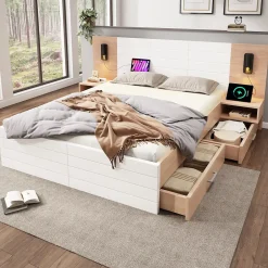 Okwish Lit avec rangement 160 x 200 cm - Lit Double avec Lampes et USB - Bois MDF - Sans Matelas - Blanc Chêne Online