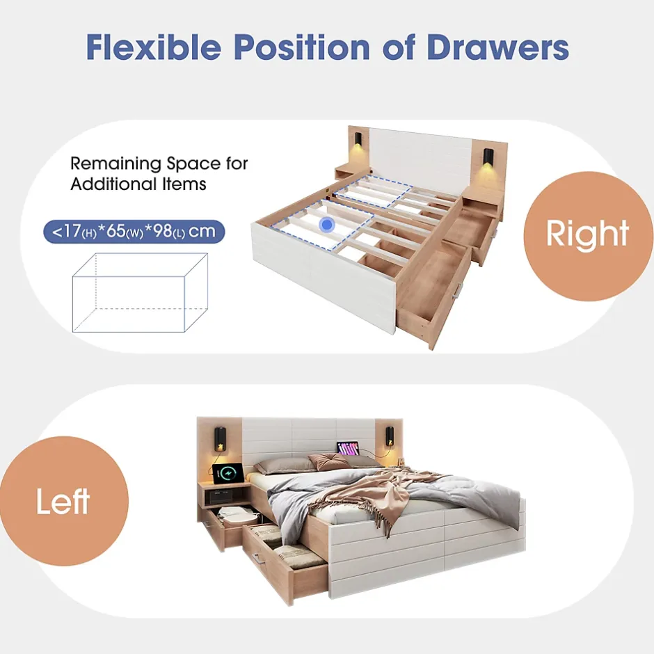 Okwish Lit avec rangement 160 x 200 cm - Lit Double avec Lampes et USB - Bois MDF - Sans Matelas - Blanc Chêne Online