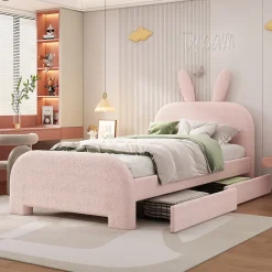 Okwish Lit avec rangement 90 x 200 cm - Lit Simple avec 2 Tiroirs - Peluche + MDF - Sans Matelas - Rose Hot