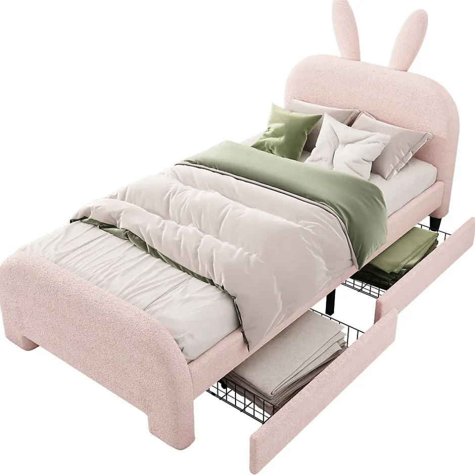 Okwish Lit avec rangement 90 x 200 cm - Lit Simple avec 2 Tiroirs - Peluche + MDF - Sans Matelas - Rose Hot