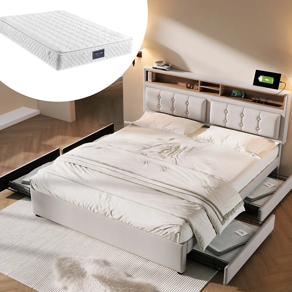 Okwish Lit avec rangement 160 x 200 cm - Lit double avec 4 tiroirs et tête de lit réglable - Avec Matelas - Beige