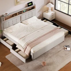 Okwish Lit avec rangement 160 x 200 cm - Lit double avec 4 tiroirs et tête de lit réglable - Avec Matelas - Beige