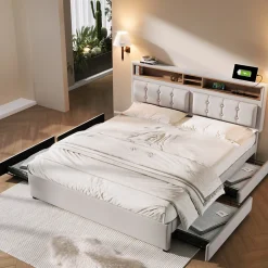Okwish Lit avec rangement 160 x 200 cm - Lit double avec 4 tiroirs et tête de lit réglable - Avec Matelas - Beige
