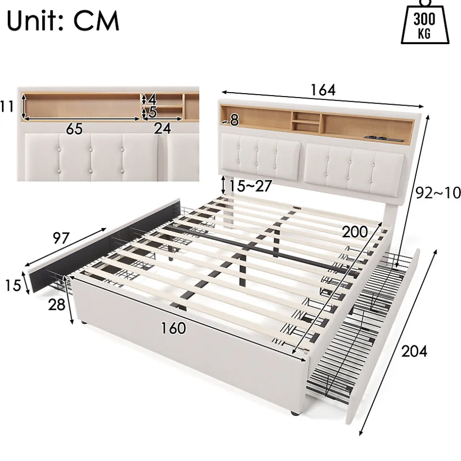 Okwish Lit avec rangement 160 x 200 cm - Lit double avec 4 tiroirs et tête de lit réglable - Avec Matelas - Beige