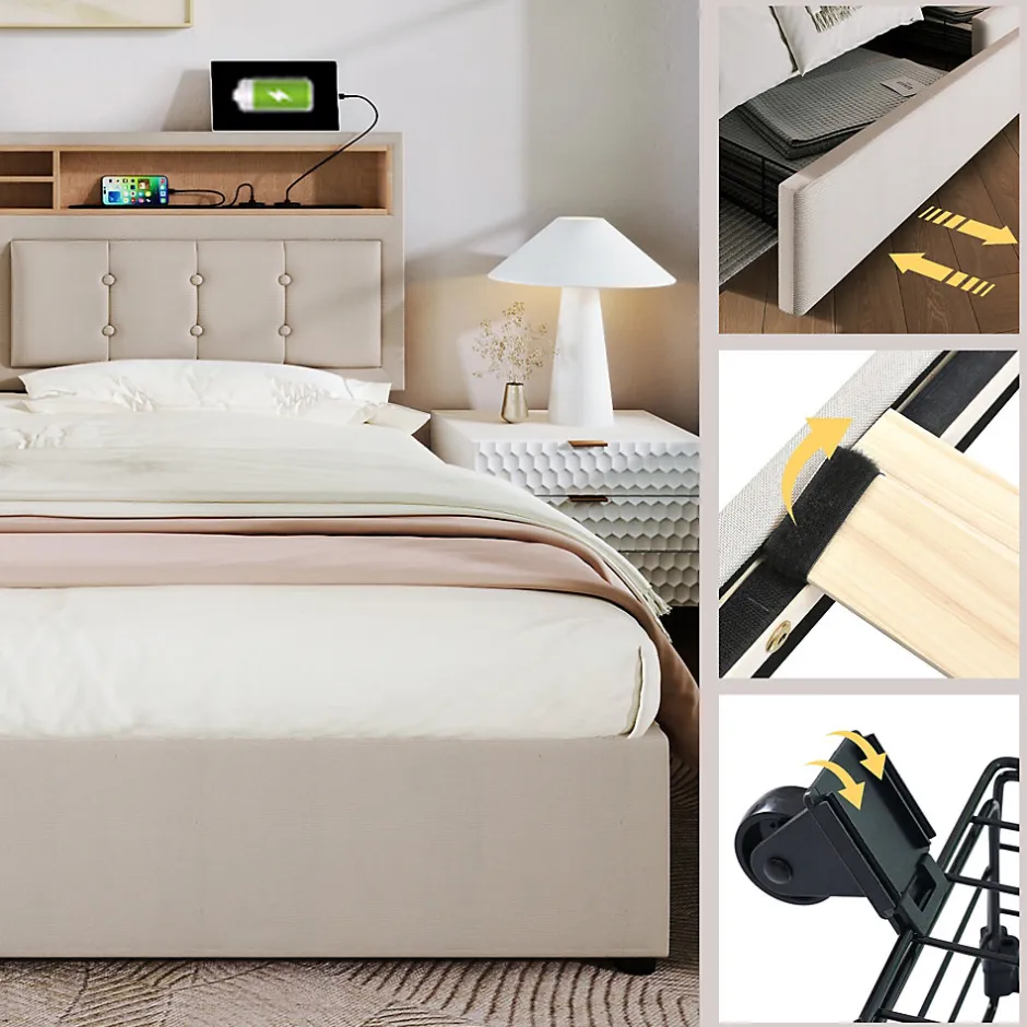 Okwish Lit avec rangement 160 x 200 cm - Lit double avec 4 tiroirs et tête de lit réglable - Avec Matelas - Beige