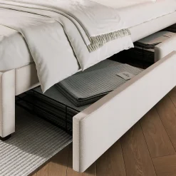 Okwish Lit avec rangement 160 x 200 cm - Lit double avec 4 tiroirs et tête de lit réglable - Avec Matelas - Beige