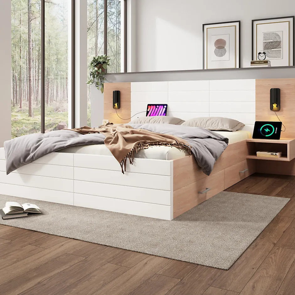 Okwish Lit avec rangement 140 x 200 cm - Lit Double avec Lampes et USB - Bois MDF - Sans Matelas - Blanc Chêne