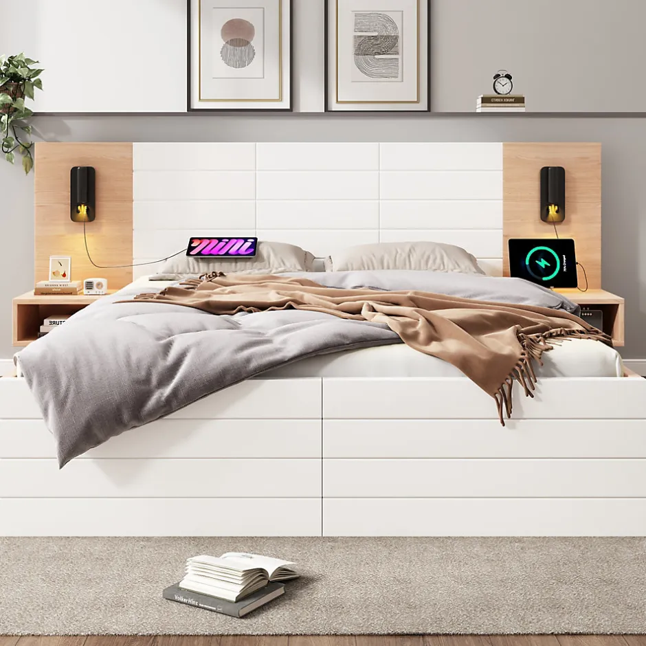 Okwish Lit avec rangement 140 x 200 cm - Lit Double avec Lampes et USB - Bois MDF - Sans Matelas - Blanc Chêne