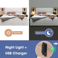 Okwish Lit avec rangement 140 x 200 cm - Lit Double avec Lampes et USB - Bois MDF - Sans Matelas - Blanc Chêne