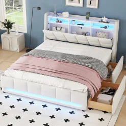 Okwish Lit avec rangement 140 x 200 cm - Lit Double avec 2 Tiroirs et Prise USB - Lin - Sans Matelas - Beige