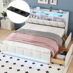 Okwish Lit avec rangement 140 x 200 cm - Lit Double avec 2 Tiroirs et Prise USB - Lin - Sans Matelas - Beige