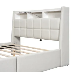 Okwish Lit avec rangement 140 x 200 cm - Lit Double avec 2 Tiroirs et Prise USB - Lin - Sans Matelas - Beige